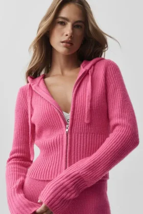 Sudadera con capucha «Noble» de lana y cachemira con canalé y cremallera completa – Rosa paraíso