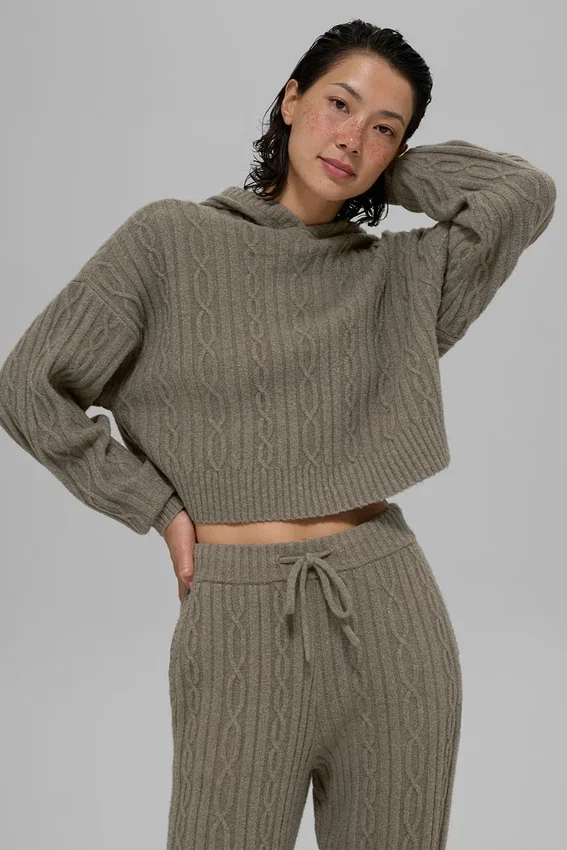 Sudadera con capucha «Winter Bliss» de punto trenzado - Cacao claro