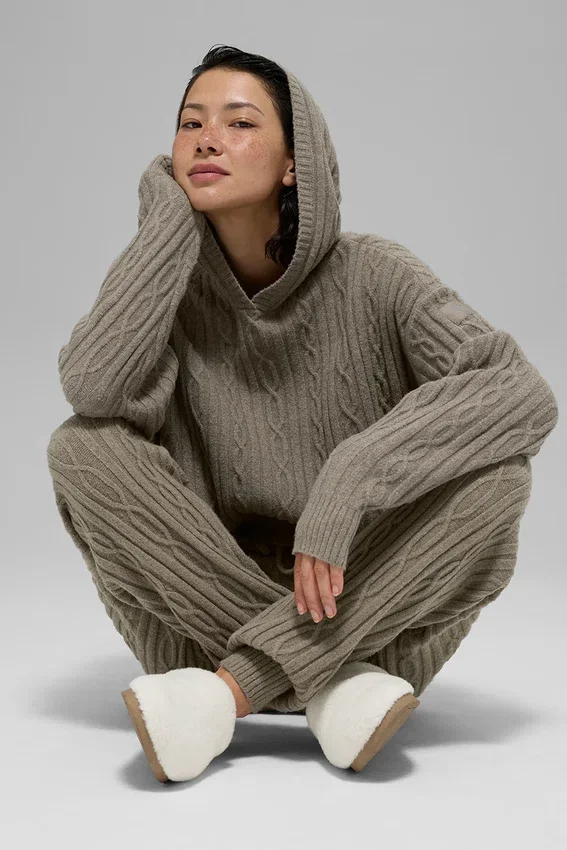 Sudadera con capucha «Winter Bliss» de punto trenzado - Cacao claro