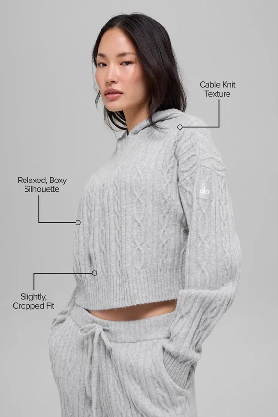 Sudadera con capucha «Winter Bliss» de punto trenzado — Gris jaspeado deportivo