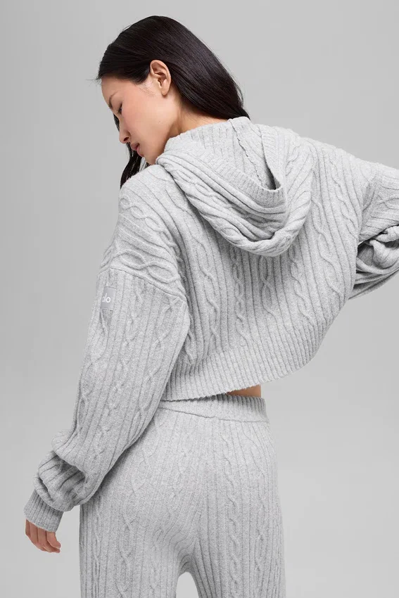 Sudadera con capucha «Winter Bliss» de punto trenzado — Gris jaspeado deportivo