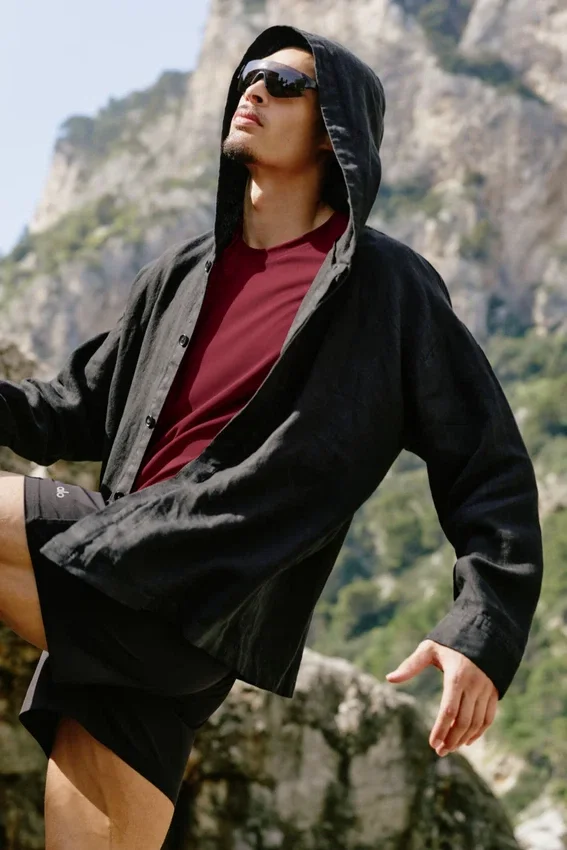 Sudadera con capucha y botones Linen Days - Negro