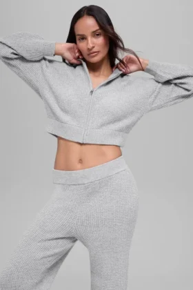 Sudadera con capucha y cremallera completa de cachemira con tejido de panal — Gris jaspeado deportivo