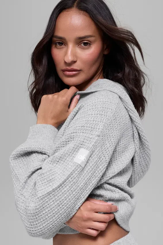 Sudadera con capucha y cremallera completa de cachemira con tejido de panal — Gris jaspeado deportivo