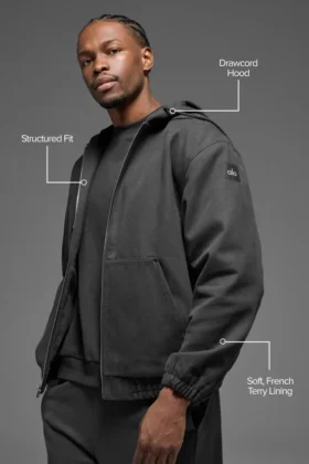 Sudadera con capucha y cremallera completa de lona de algodón – Antracita