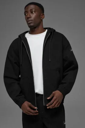 Sudadera con capucha y cremallera completa de lona de algodón - Negro