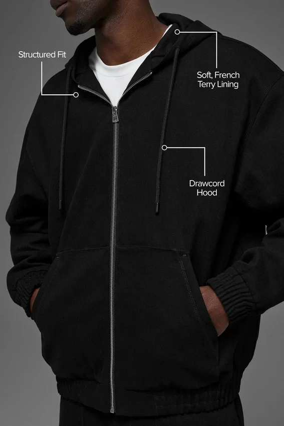 Sudadera con capucha y cremallera completa de lona de algodón - Negro