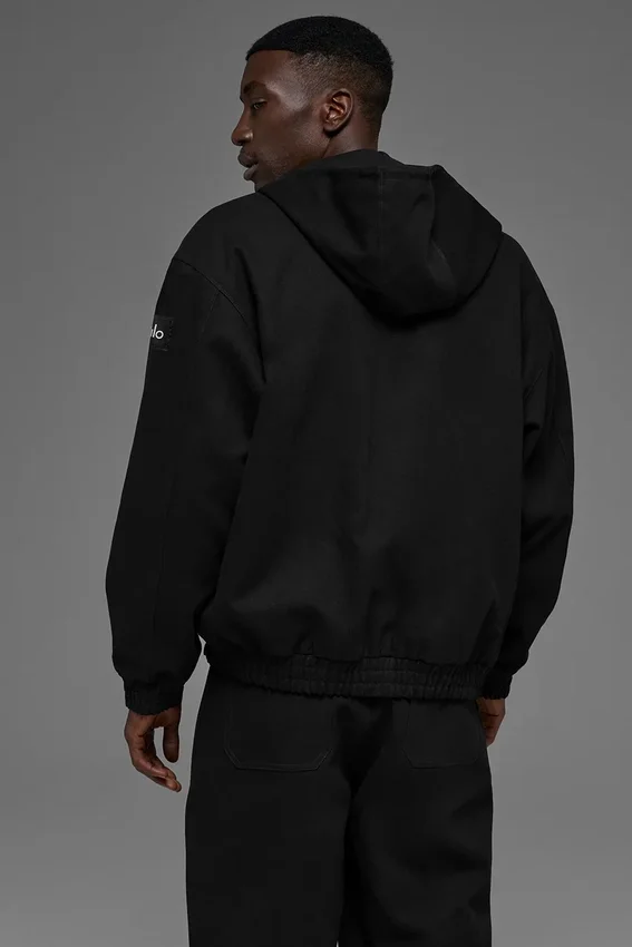 Sudadera con capucha y cremallera completa de lona de algodón - Negro