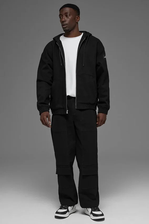Sudadera con capucha y cremallera completa de lona de algodón - Negro