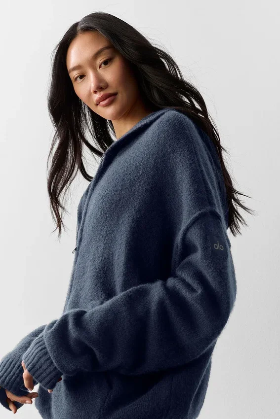 Sudadera con capucha y cremallera completa «New Class» de lana y cachemira - Azul marino