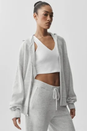Sudadera con capucha y cremallera completa «New Class» de lana y cachemira - Blanco jaspeado