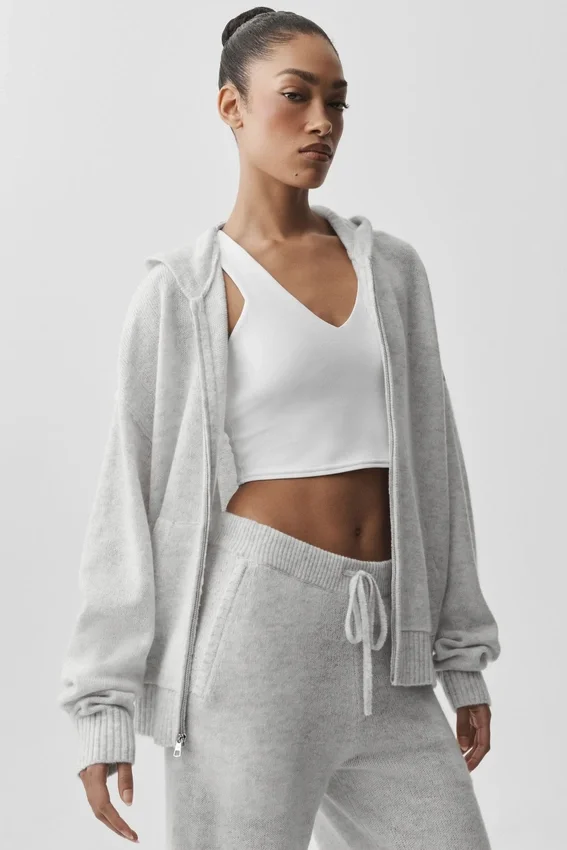 Sudadera con capucha y cremallera completa «New Class» de lana y cachemira - Blanco jaspeado