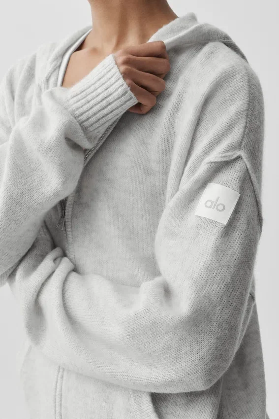 Sudadera con capucha y cremallera completa «New Class» de lana y cachemira - Blanco jaspeado