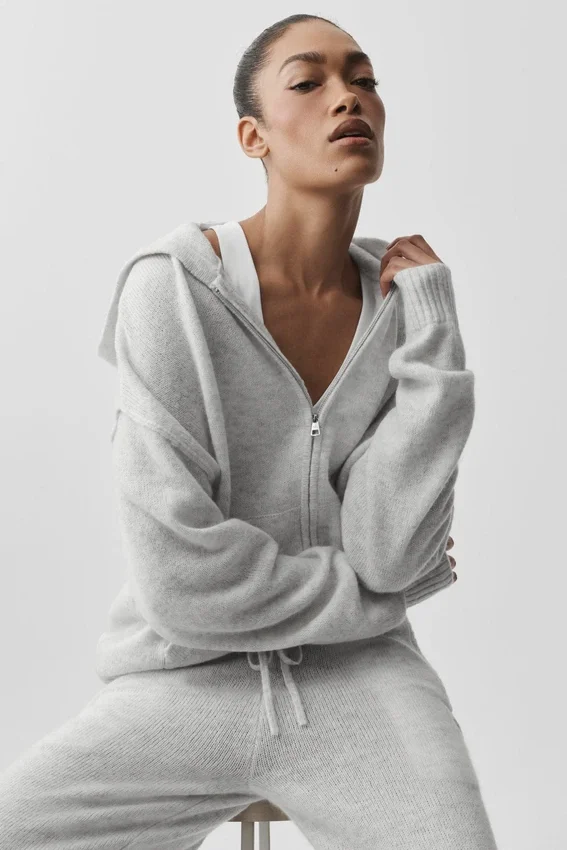 Sudadera con capucha y cremallera completa «New Class» de lana y cachemira - Blanco jaspeado