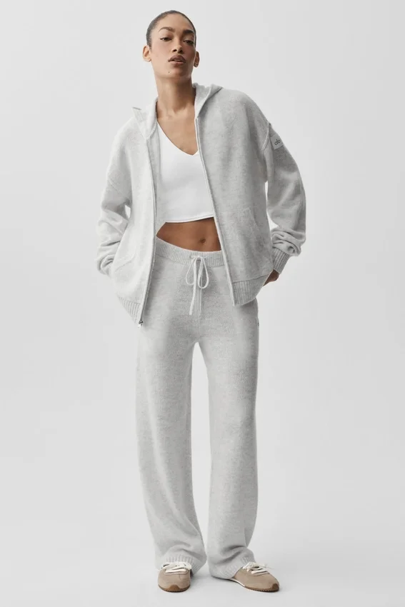 Sudadera con capucha y cremallera completa «New Class» de lana y cachemira - Blanco jaspeado