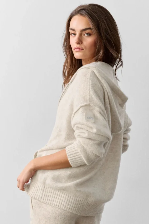 Sudadera con capucha y cremallera completa «New Class» de lana y cachemira - Gris avena jaspeado