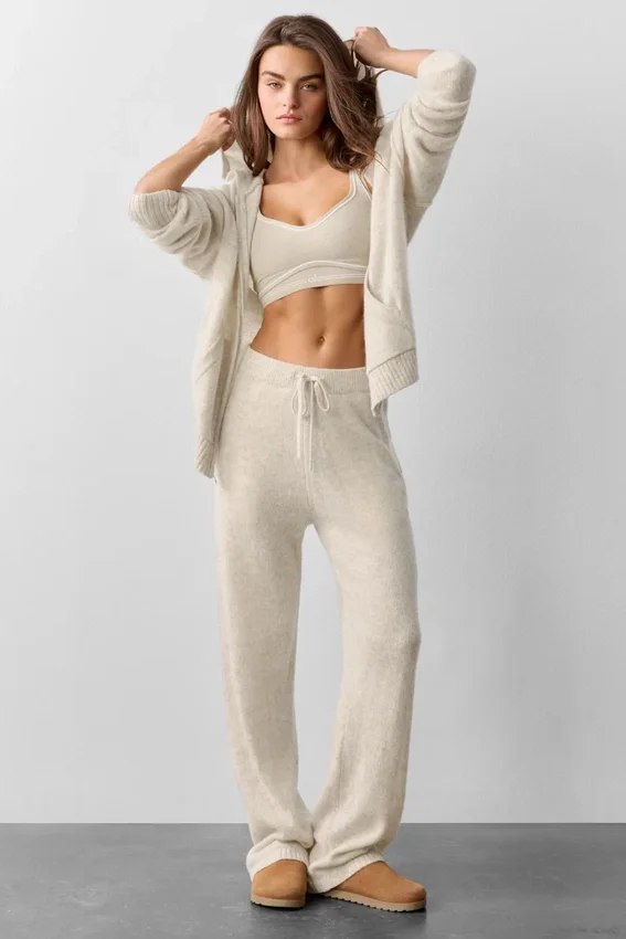 Sudadera con capucha y cremallera completa «New Class» de lana y cachemira - Gris avena jaspeado