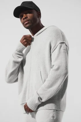 Sudadera con capucha y cremallera completa «New Class» de lana y cachemira - Gris perla jaspeado