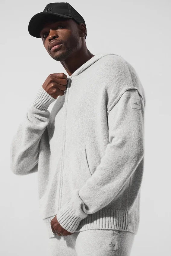 Sudadera con capucha y cremallera completa «New Class» de lana y cachemira - Gris perla jaspeado