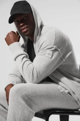 Sudadera con capucha y cremallera completa «New Class» de lana y cachemira – Gris perla jaspeado