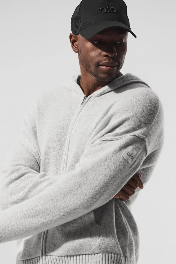 Sudadera con capucha y cremallera completa «New Class» de lana y cachemira - Gris perla jaspeado