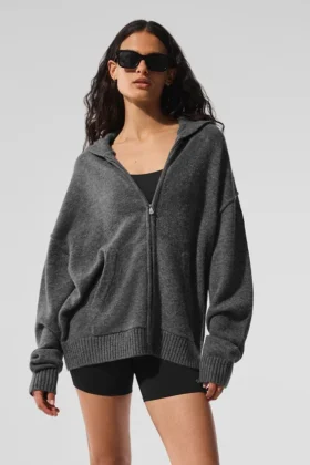 Sudadera con capucha y cremallera completa «New Class» de lana y cachemira — Gris platino