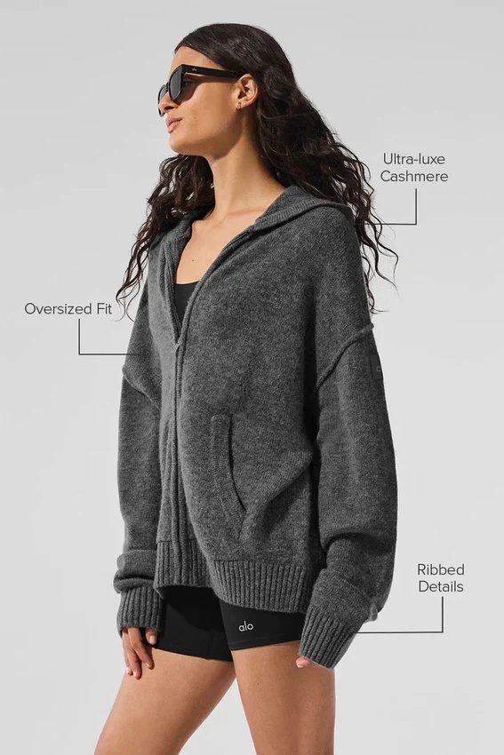 Sudadera con capucha y cremallera completa «New Class» de lana y cachemira — Gris platino