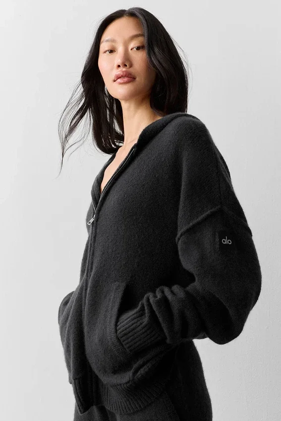 Sudadera con capucha y cremallera completa «New Class» de lana y cachemira - Negro