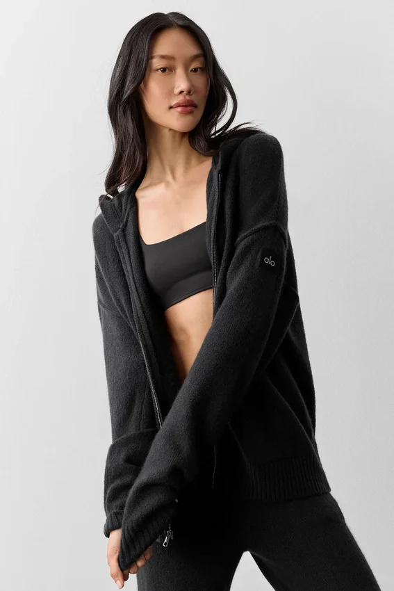 Sudadera con capucha y cremallera completa «New Class» de lana y cachemira - Negro