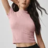 Top de manga corta con cuello alto sin costuras de punto Pointelle - Rosa vintage