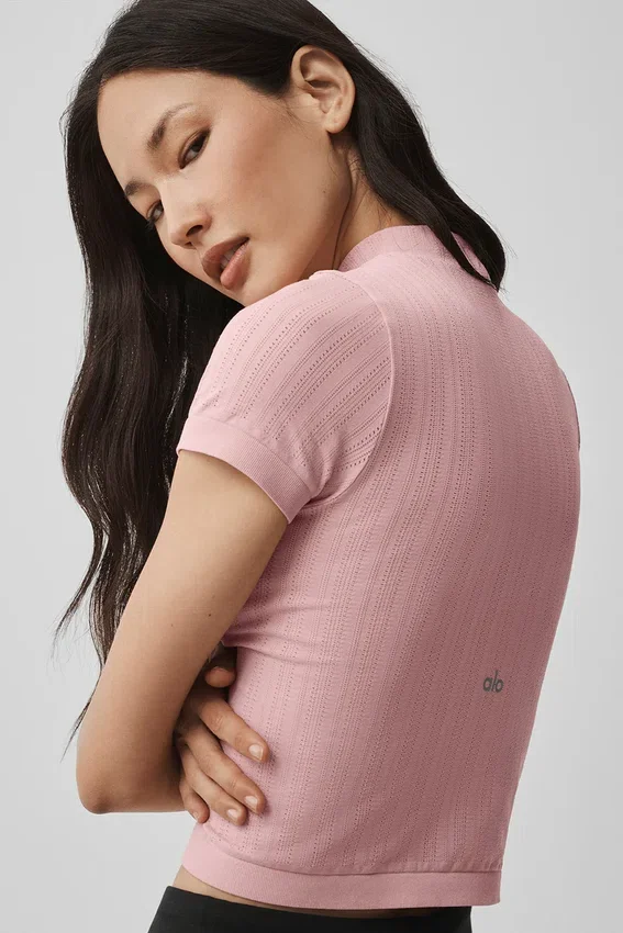 Top de manga corta con cuello alto sin costuras de punto Pointelle - Rosa vintage