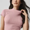 Top de manga corta con cuello alto sin costuras de punto Pointelle - Rosa vintage
