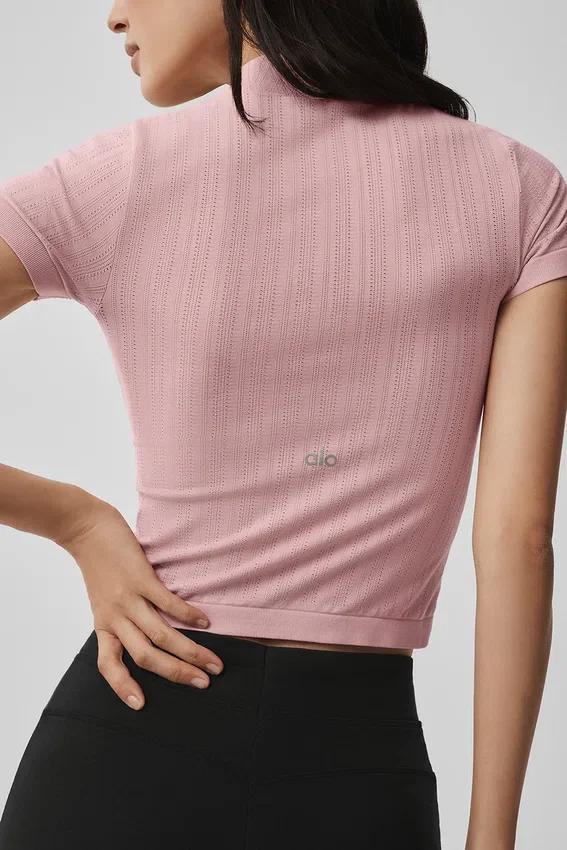 Top de manga corta con cuello alto sin costuras de punto Pointelle - Rosa vintage