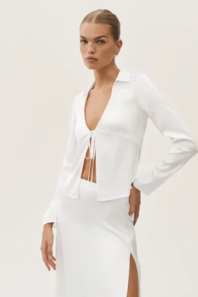 Top de manga larga Radiance de mezcla de seda - Blanco