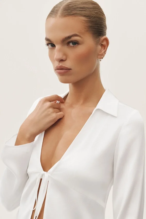 Top de manga larga Radiance de mezcla de seda - Blanco