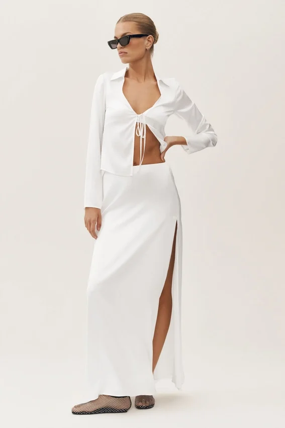 Top de manga larga Radiance de mezcla de seda - Blanco