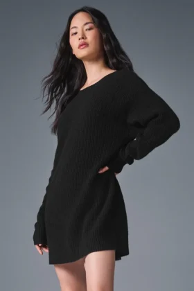 Vestido de cachemira de punto waffle - Negro