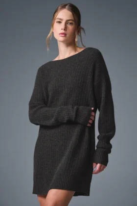 Vestido de cachemira mullida con textura de gofre - Gris jaspeado oscuro