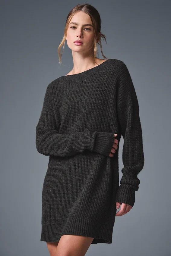 Vestido de cachemira mullida con textura de gofre - Gris jaspeado oscuro
