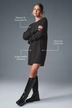 Vestido de cachemira mullida con textura de gofre – Gris jaspeado oscuro