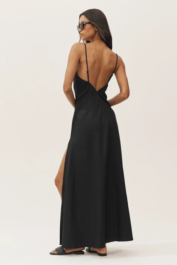 Vestido largo «Riviera» de mezcla de lino - Negro