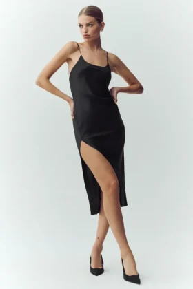 Vestido liso de seda luminosa - Negro