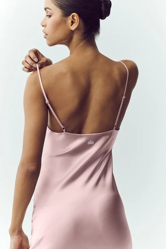 Vestido liso de seda luminosa - Rosa champán