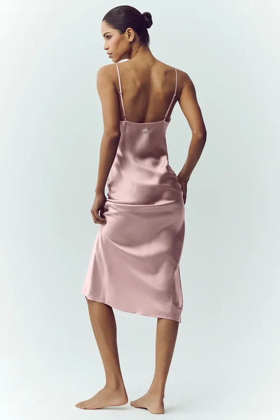 Vestido liso de seda luminosa - Rosa champán